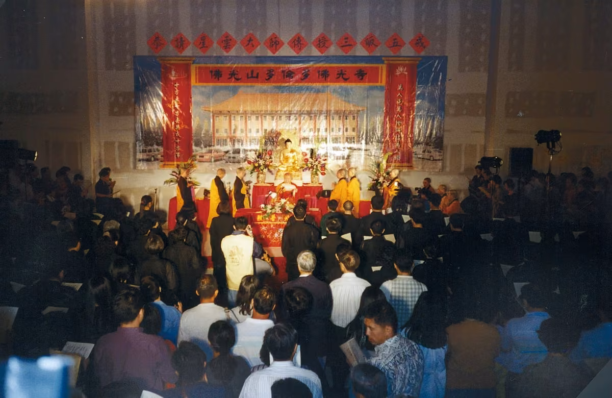 First Triple Gem Refuge and Five Precepts ceremony at the newly completed temple, 1996
